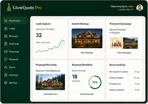 Large dark-green GlowQuote Pro product dashboard mockup, including sidebar navigation, analytic cards, campaign cards, thumbnails, and account header.