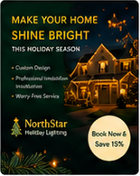 Front postcard creative showing a warmly lit holiday house, gold headline, NorthStar logo, and circular discount badge.