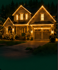 Nighttime photograph of a large suburban house decorated with warm Christmas lights and illuminated trees.