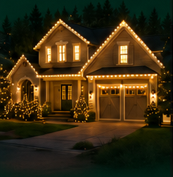 Nighttime exterior photograph of a large suburban house covered in warm Christmas lights.
