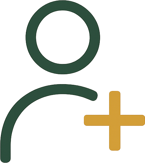 Dark-green line icon of a person silhouette with a gold plus sign.