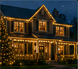 Nighttime photograph of a wide pale house richly outlined with warm white holiday roofline lights.