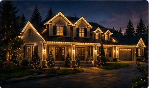 Nighttime holiday-lighted house photograph used for the client property image and one recent mockup.