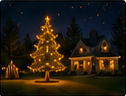 Nighttime backyard holiday-lighting mockup showing a lit tree and a house in the background.