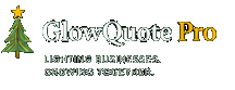 GlowQuote Pro holiday business wordmark with a stylized evergreen tree and small tagline.