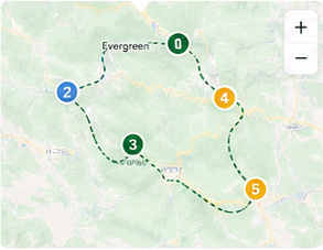 Pale green street-map illustration with a dark green dashed delivery route and five numbered colored stops.