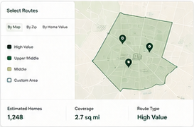 Product UI mockup showing neighborhood route selection on a map.