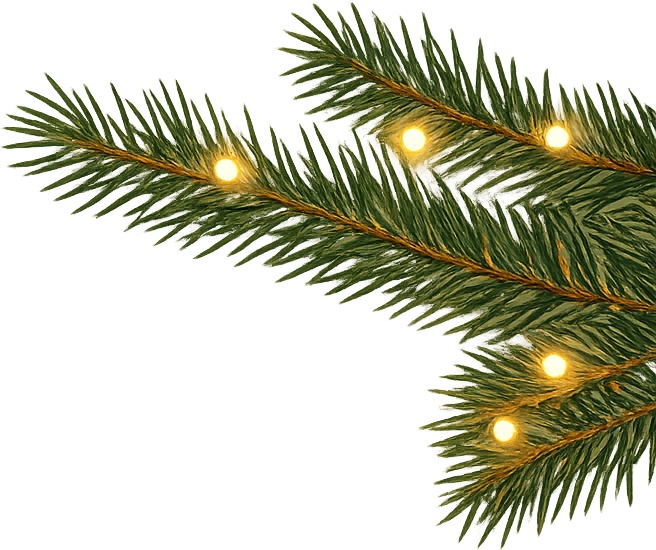 Warm-lit evergreen branch decoration entering from the upper-right edge of the content area.