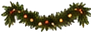 Curved green Christmas garland with red ornaments and warm white lights.