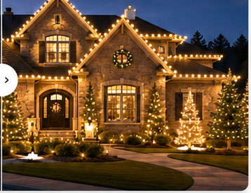 Warmly illuminated large stone house at blue hour, used as the right half of the before-and-after hero comparison.