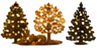 Cluster of illustrated evergreen trees and a gold-lit deciduous tree.