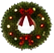 Green Christmas wreath with a large red bow and white lights.